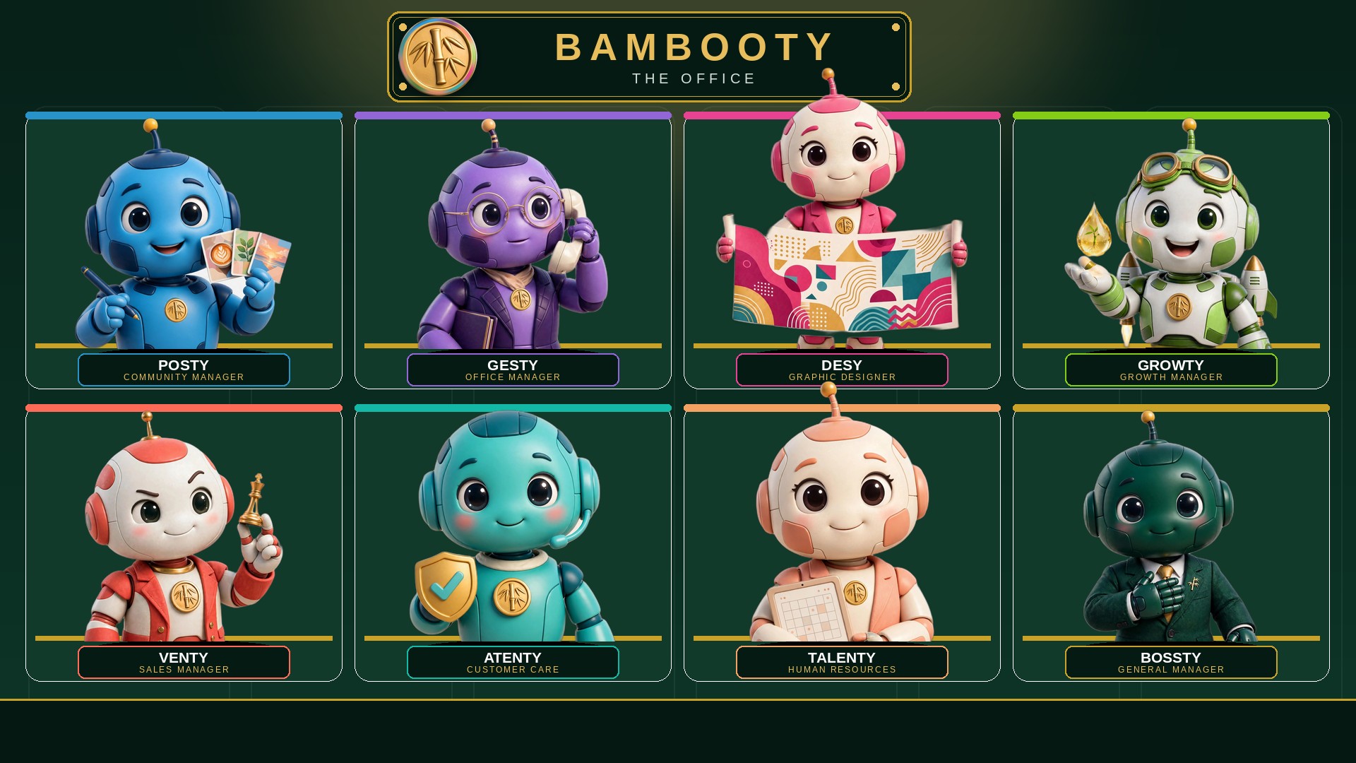 The Bambooty office: all eight agents, each in their sector, working their trade