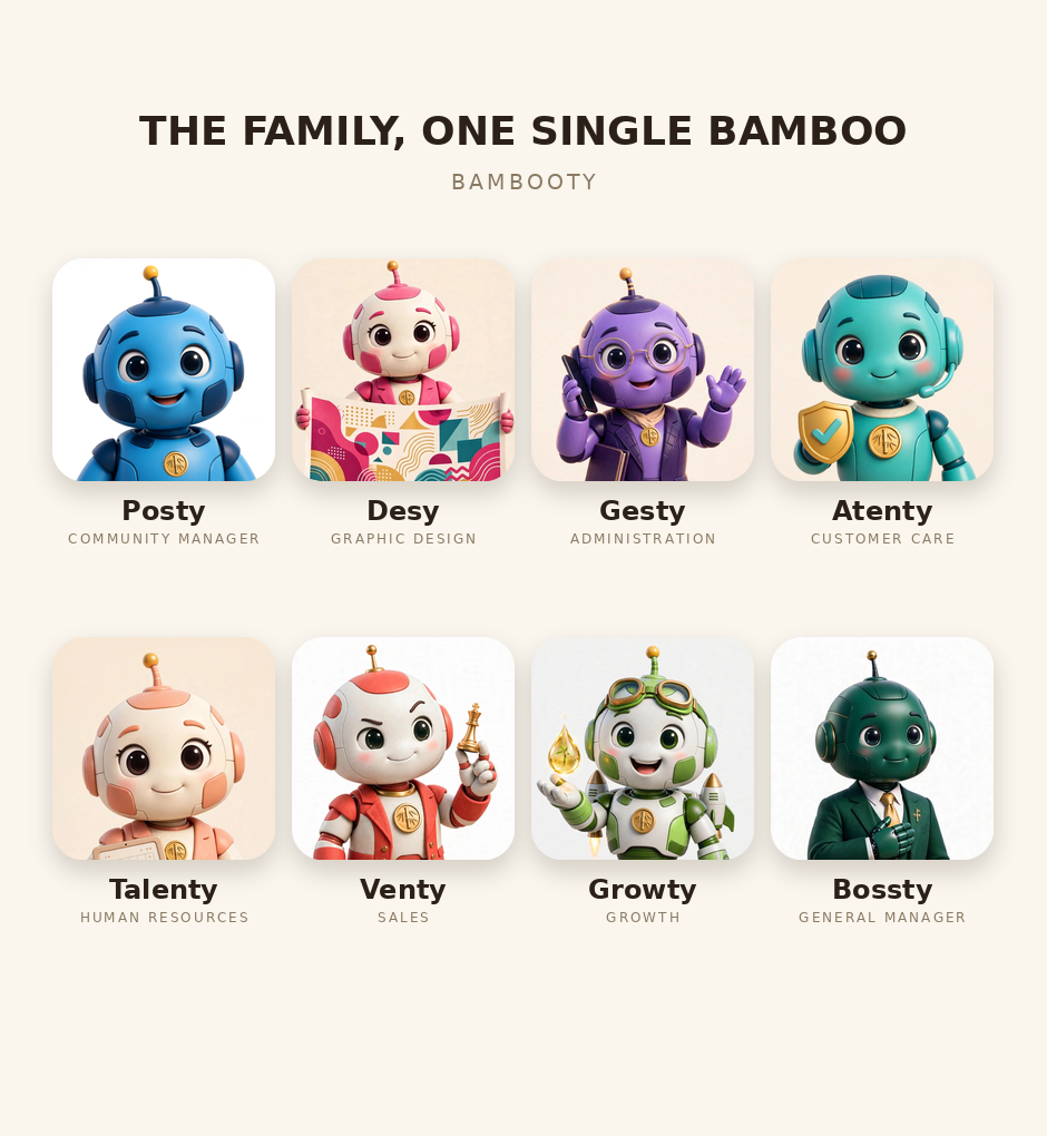 The Bambooty family: all eight agents, each at their post
