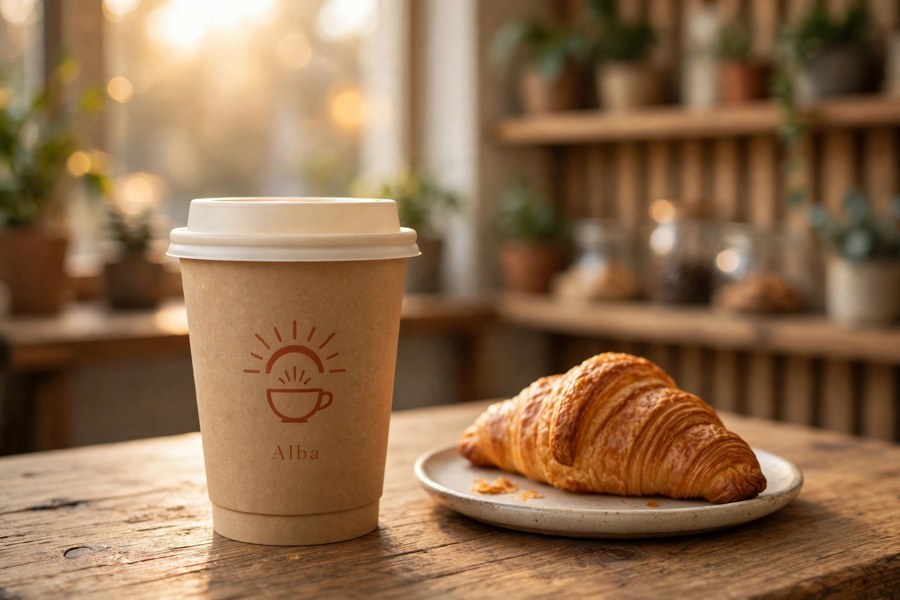 Alba's cup with the brand printed on it, designed by Desy